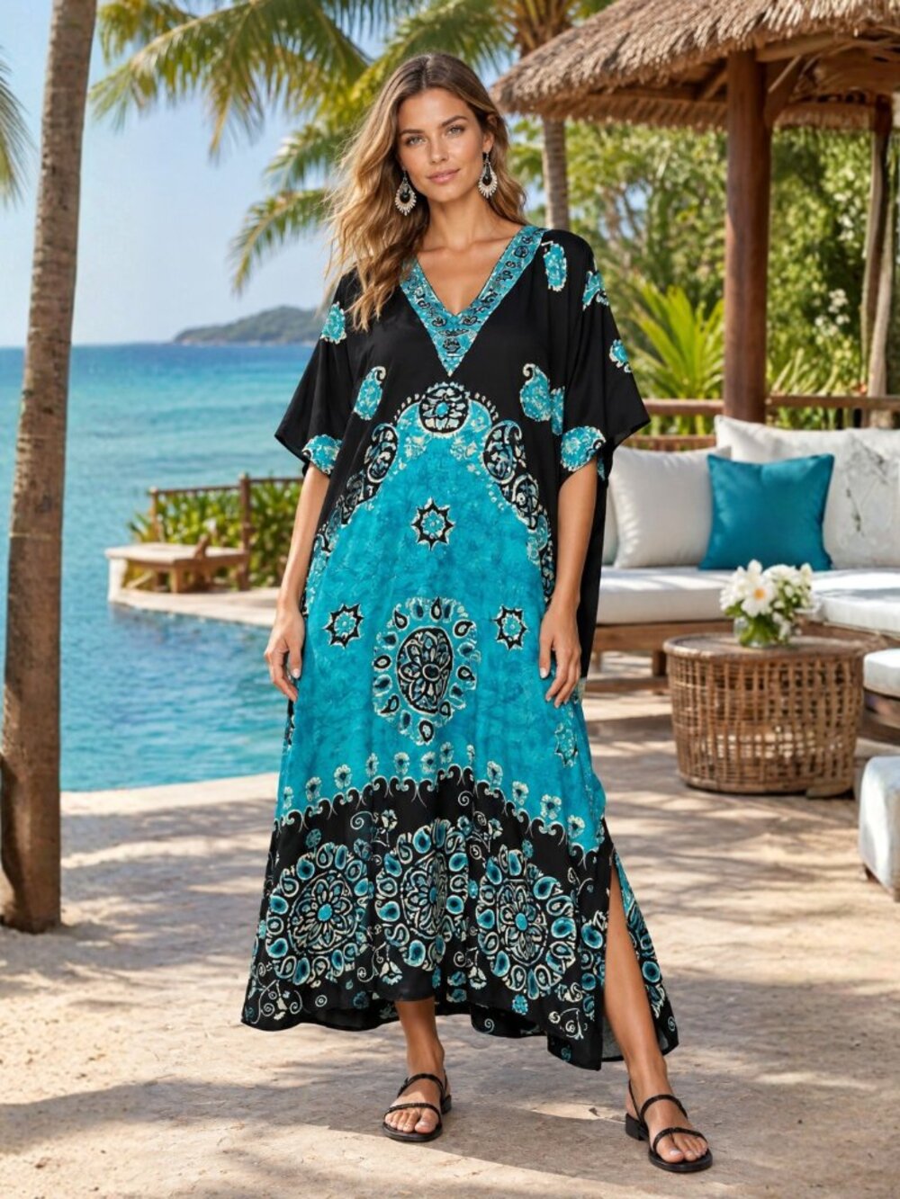 Plus Size Printed Maxi Dress Beach Kaftan Dresses Kimono Sleeve Swimsuit Caftan